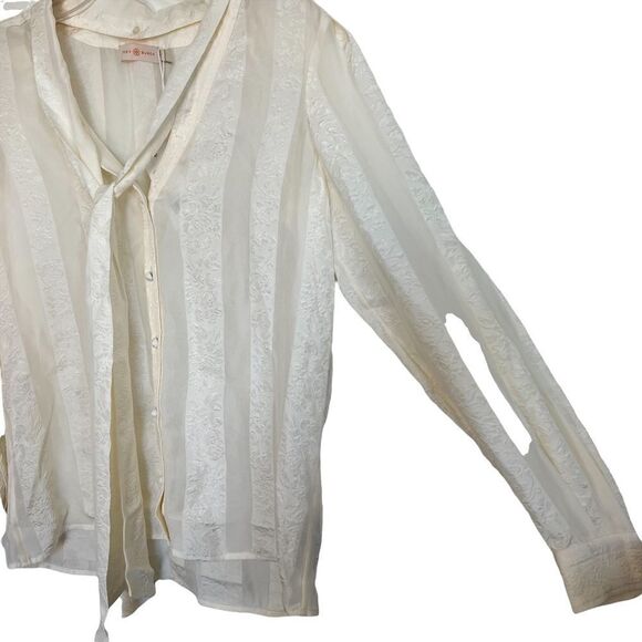 Tory Burch New Ivory Floral Chiffon Bow Blouse Size 4 - Picture 4 of 11